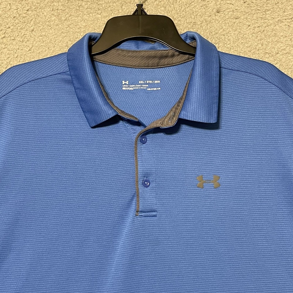 Under Armour HeatGear Polo Shirt Blue Loose Fit 2XL Golf Athletic Mens - Picture 5 of 14